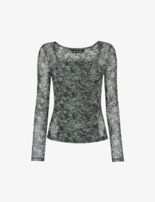 Whistles Floral-print Gathered-detail Mesh Top In Green