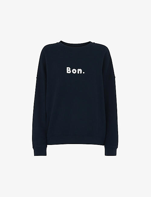 WHISTLES: Bon embroidered-slogan relaxed-fit organic-cotton jumper