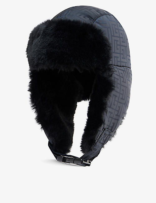 BALMAIN: Monogram-print faux-fur and shell hat