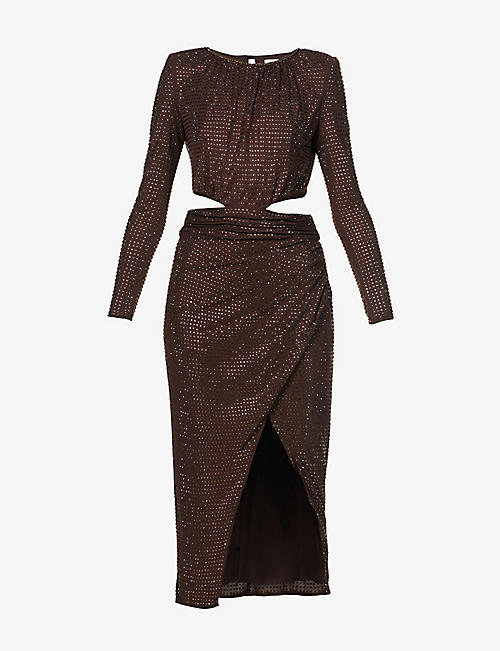 SELF-PORTRAIT: Hot-fix rhinestone-embellished cut-out stretch-crepe midi dress