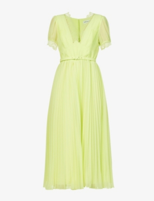 Self-portrait Chiffon Midi Dress With Lace Detail In Lime Green