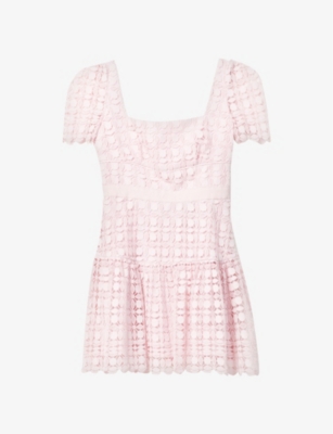 Self-portrait Square Neck Short Sleeve Pink Petal Lace Mini Dress In Pink