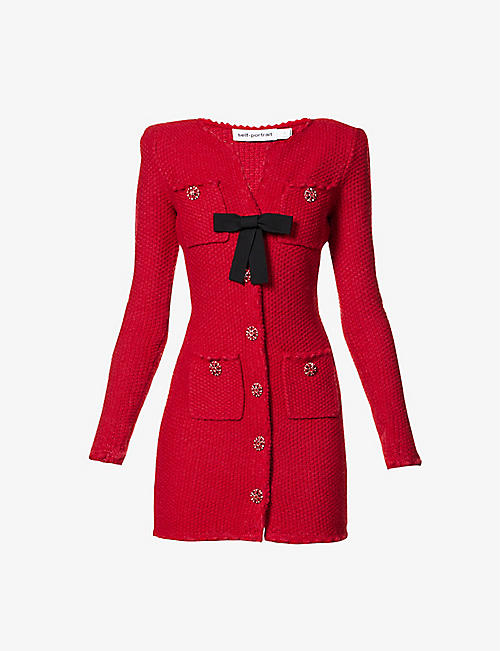 SELF PORTRAIT: Bow-embellished slim-fit wool-blend knitted mini dress