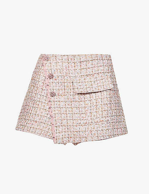 SELF PORTRAIT: Boucle-weave button-embellished woven shorts