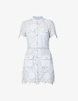 SELF-PORTRAIT: Collared floral-embroidered woven mini dress