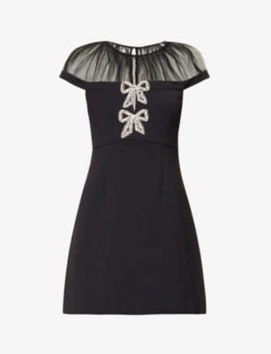 SELF-PORTRAIT: Bow-embellished slim-fit woven mini dress