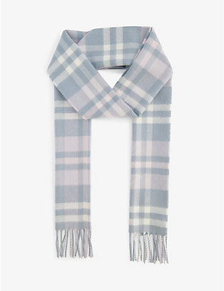 JOHNSTONS: Plaid fringe-edged cashmere scarf