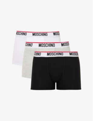Moschino Pack Of Three Logo-waistband Stretch-cotton Boxers In Black/white/grey