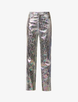 Rotate Birger Christensen Rotie Metallic Croc-effect Coated Faux Leather Wide-leg Pants In Spiced Plum Comb