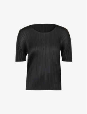 Shop Issey Miyake Pleats Please  Womens Black Basics Round Neck Pleats Knitted T-shirt