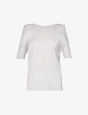 Shop Issey Miyake Pleats Please  Women's Light Grey Basics Round Neck Pleats Knitted T-shirt