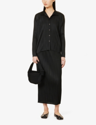 Shop Issey Miyake Pleats Please  Women's Black Pleated Collared Relaxed-fit Knitted Shirt