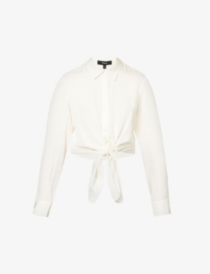 Theory Long Sleeve Button-up Tie Waist Silk Blouse In Ivory