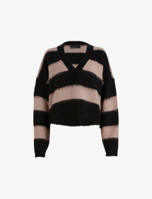 Allsaints Lou Striped Cropped Knitted Jumper In Black/putty Pi