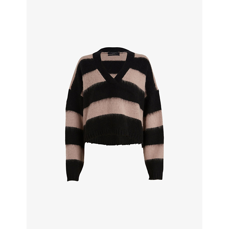 Allsaints Lou Striped Cropped Knitted Jumper In Black/putty Pi