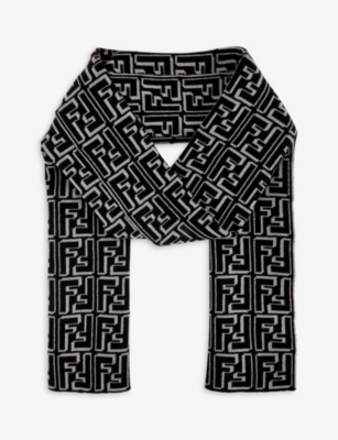 FENDI Logo embroidered wool blend scarf Selfridges