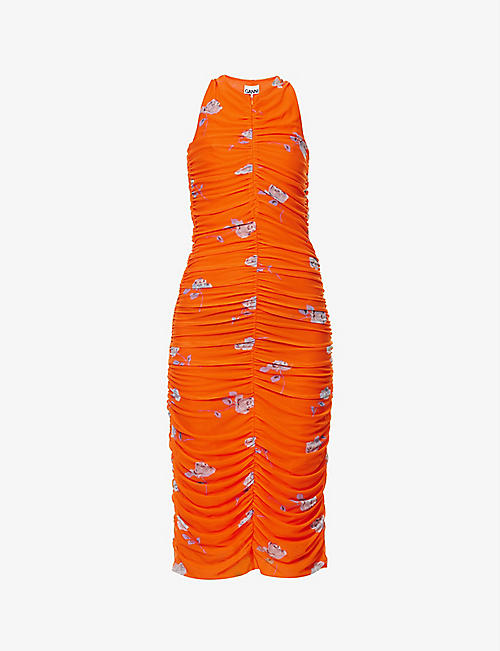 GANNI: Floral-print ruched recycled nylon-blend midi dress