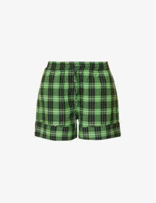 Ganni Gingham Cotton-blend Seersucker Shorts In Peapod
