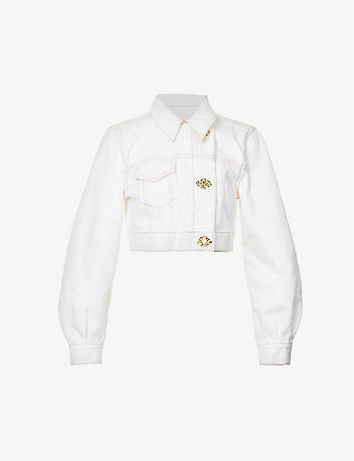GANNI: Contrast-stitching cropped organic denim jacket