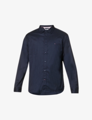 Shop Tommy Hilfiger Mens  Core Logo-embroidered Regular-fit Cotton-poplin Shirt In Blue