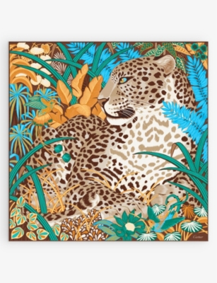 Shop Cartier Panther In The Jungle Graphic-print Silk-twill Scarf In Beige