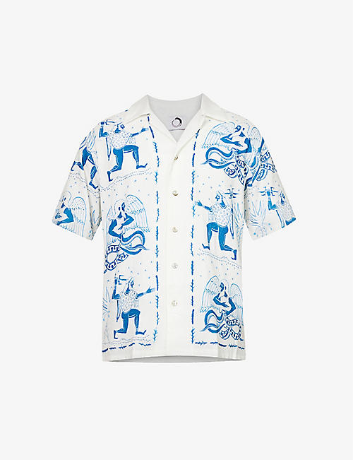 无尽的欢乐：Typhon Blue 抽象印花常规版型亚麻混纺衬衫