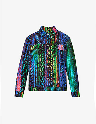 AGR: Abstract-print button-up boxy-fit denim jacket