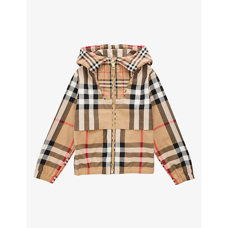 BURBERRY BURBERRY GIRLS ARCHIVE BEIGE IP CHK KIDS CONTRAST-CHECK COTTON HOODED JACKET 6-14 YEARS,61384065