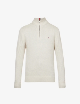 Tommy Hilfiger Mens Oatmilk Pima Logo-embroidered Cotton-cashmere Blend Jumper