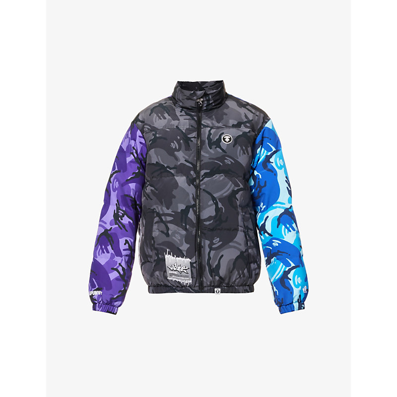 Aape Mens Black Multi Brand-badge Camouflage-print Boxy-fit Shell-down Jacket