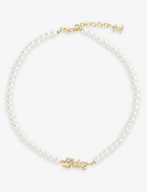 JUICY COUTURE: Brand-plaque brass and faux-pearl chain necklace