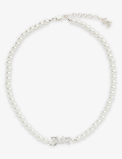 JUICY COUTURE: Brand-plaque brass and faux-pearl chain necklace