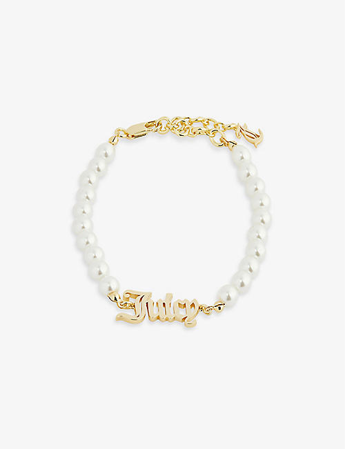 JUICY COUTURE: Brand-plaque brass and faux-pearl chain bracelet