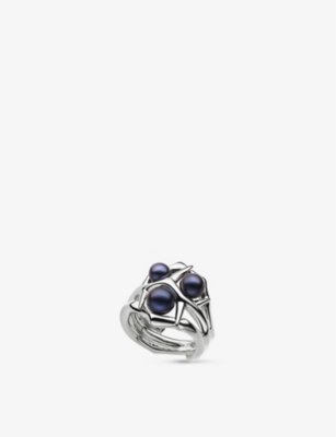 SHAUN LEANE: Blackthorn double branch sterling-silver and black pearl ring