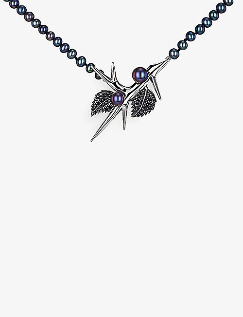 SHAUN LEANE: Blackthorn double leaf sterling-silver, black pearl and black spinel pendant necklace