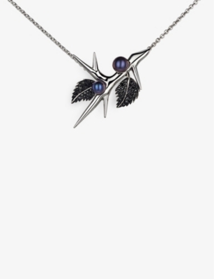 SHAUN LEANE: Blackthorn double leaf sterling-silver, black pearl and black spinel necklace