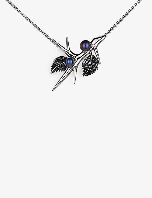 SHAUN LEANE: Blackthorn double leaf sterling-silver, black pearl and black spinel necklace