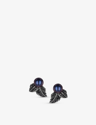 SHAUN LEANE: Blackthorn double leaf sterling-silver, black pearl and black spinel stud earrings