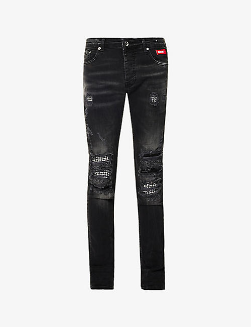 INSIDE OUT DENIM: Rocce crystal-embellished slim-fit stretch-denim jeans
