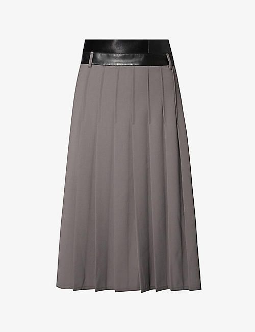PETER DO: Pleated leather-waistband wool-blend midi skirt