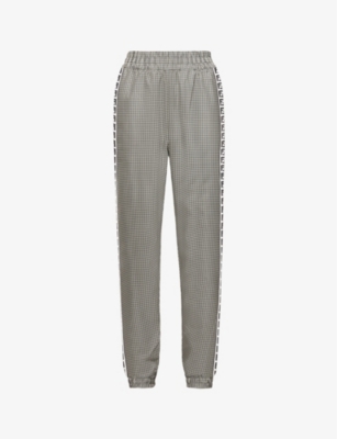 Brand-print elasticated-waist regular-fit tapered woven trousers