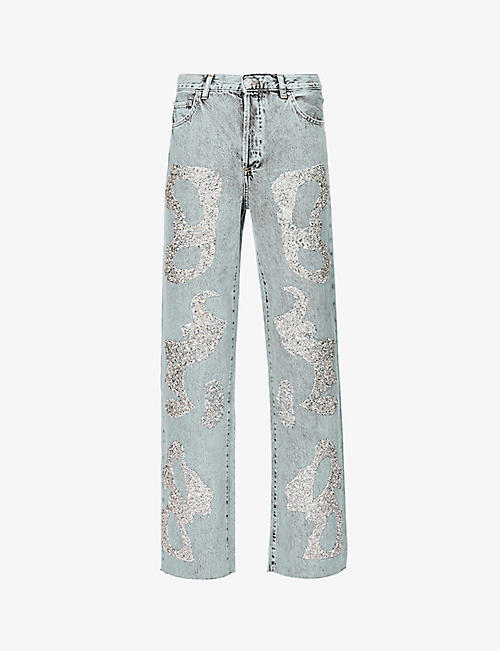 GERMANIER: Patch-embellished straight-leg mid-rise upcycled-denim jeans