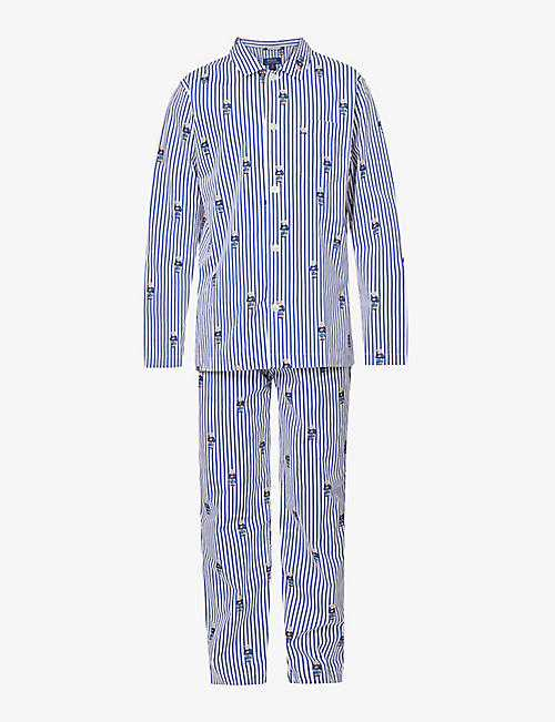POLO RALPH LAUREN: Polo Bear-print striped cotton pyjama set
