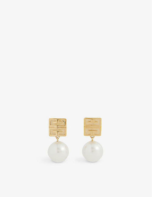 GIVENCHY: Logo-embossed brass and faux-pearl stud earrings