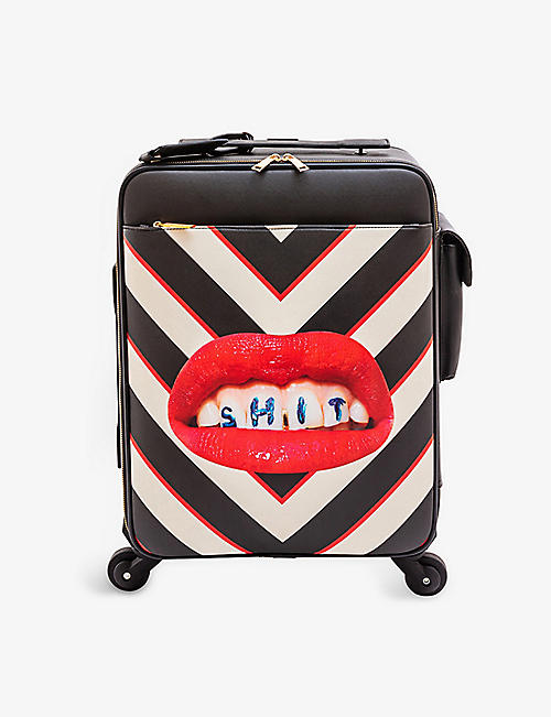 SELETTI: Seletti wears Toiletpaper lipstick-print striped faux-leather suitcase