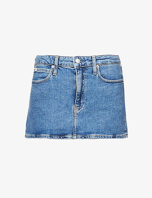 CALVIN KLEIN JEANS: Branded-patch stretch-denim mini skirt