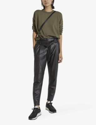Shop Ikks Womens Black Straight-leg High-rise Leather Trousers