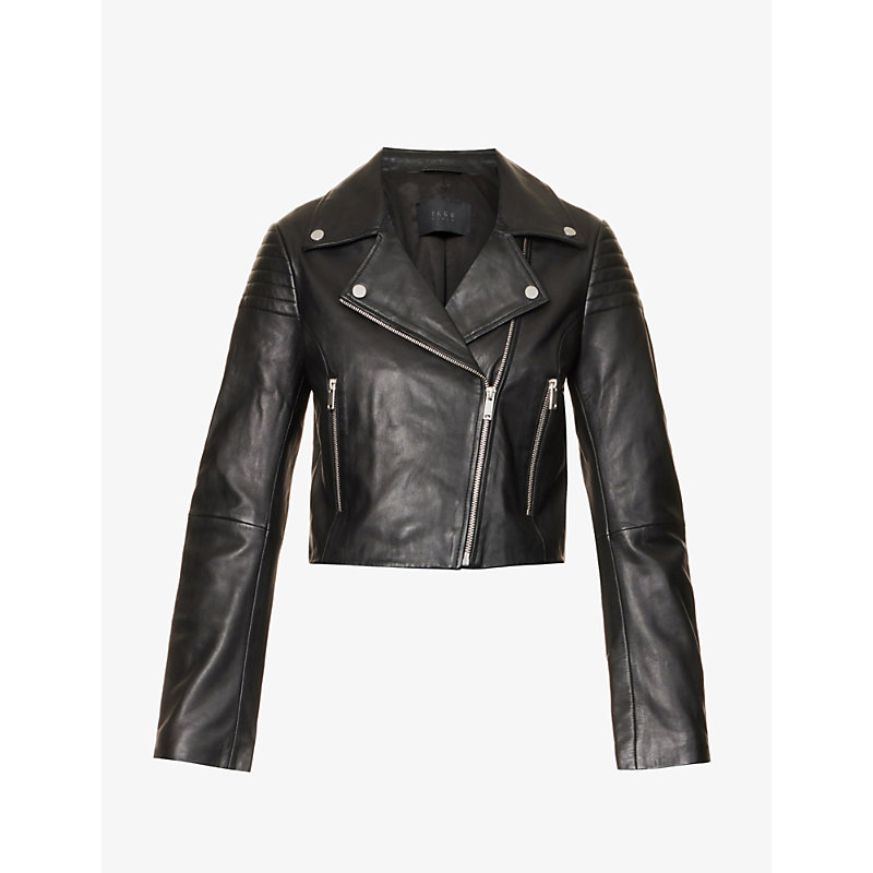 Ikks Womens Black Cropped Quilted Leather Biker Jacket