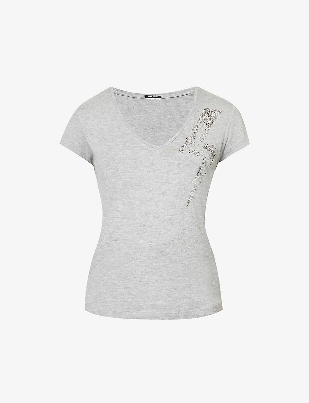 Ikks V-neck Sequin-embroidered Woven T-shirt In Light Grey Chine