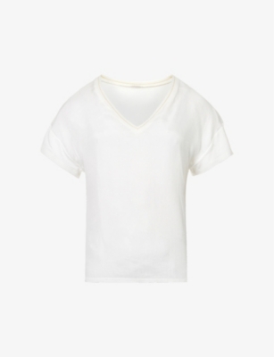Ikks Womens Ecru Metallic Ribbed V-neck Woven T-shirt